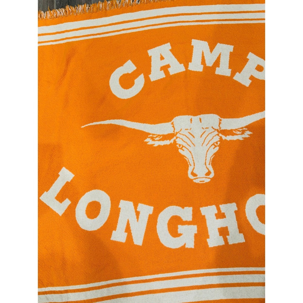 Camp Longhorn Longhorn Logo Woven Fringe Blanket Throw Orange 46x70 Texas Retro - Picture 6 of 8